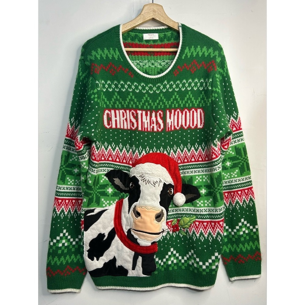 5 for $25🔥Holiday Time Christmas Moood Cow Sweater Large Green Ugly Christmas
